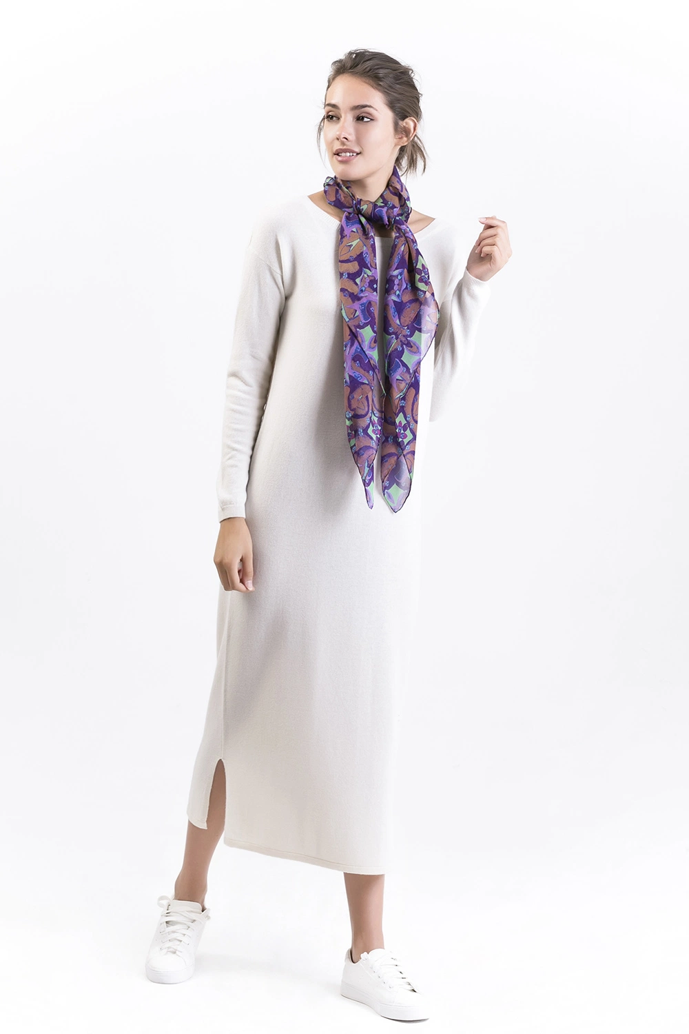 Purple Leaves-100% Mulberry Silk Satin Digital Printed Shawl Women&prime; S Long Fashion Scarf