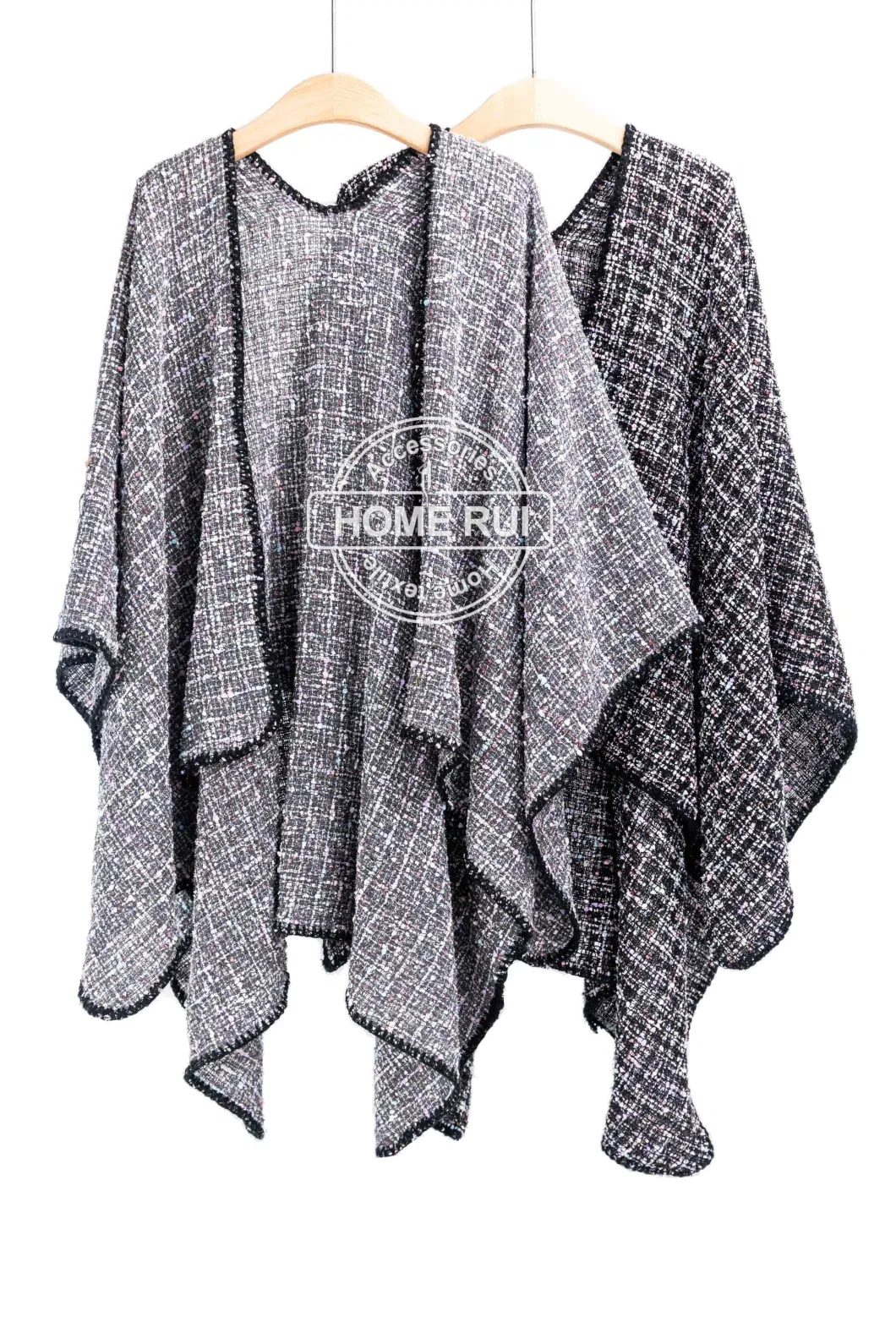 Spring Autumn Woman Lady Warm Fashion Acrylic Woven Grey Mixed Colourful Blended Yarn Wraps Grids Plaid Checks Shawl Poncho Pallium