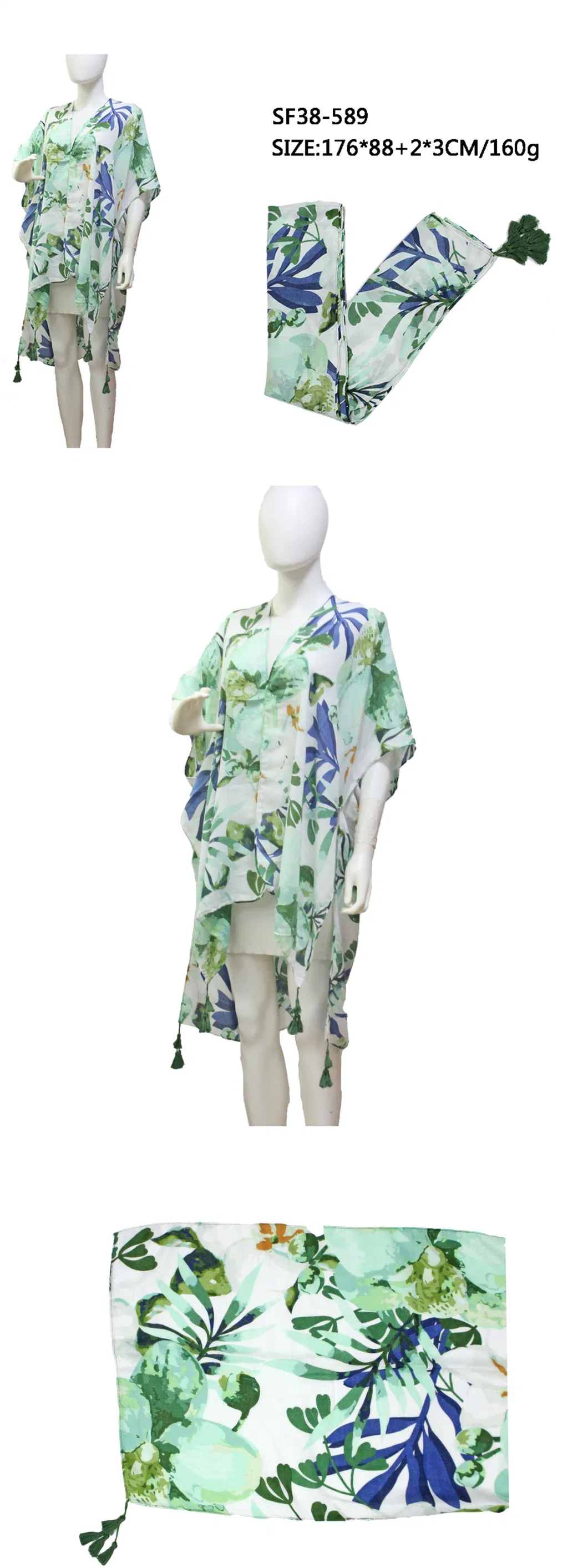 Custom Logo Lady&prime; S Spring Summer Beach Kimono Women&prime; S Shawl Ponchos Opera Cape Fanon Scarf with Print