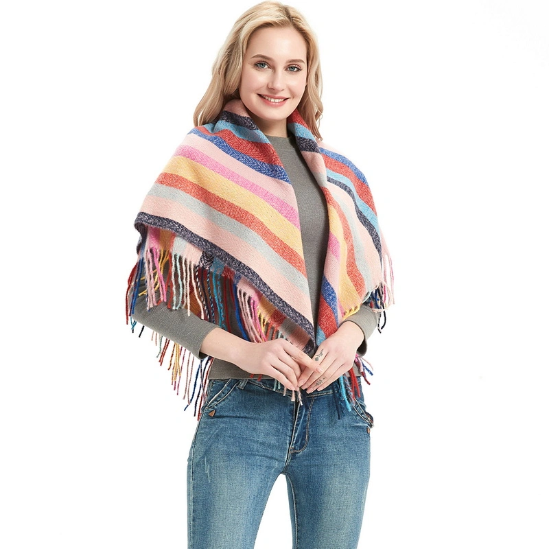 Oversized Colorful Striped Print Women Square Shawl Scarf with Fringe