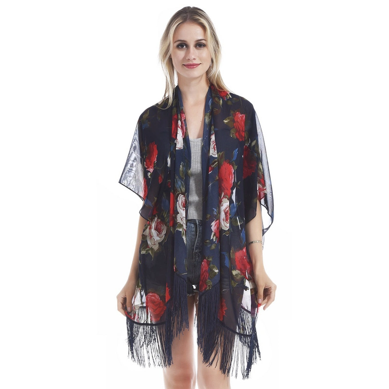 Wholesale Summer Floral Print Chiffon Cardigan Shawl for Ladies