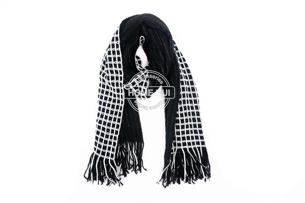 Home Rui Wholesale Outerwear Apparel Accessory Unisex Winter Black White Cashmere Feel Fluffy Chunky Tassel Plaid Grids Wrap Blanket Shawl Large Scarf