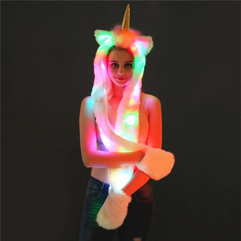 Furry Hoodie Flashing Control LED Light Unicorn Hat Scarf