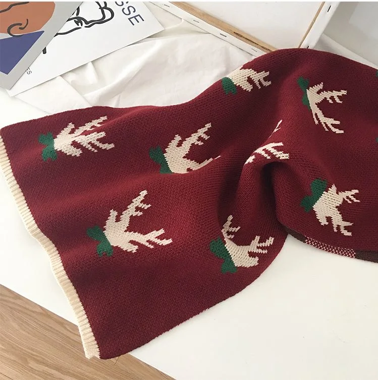 Christmas Gift Wine Red Knitting Moose Scarves for Men Women Thick Lovers&prime; Wool Necker Scarves for Girl Boys