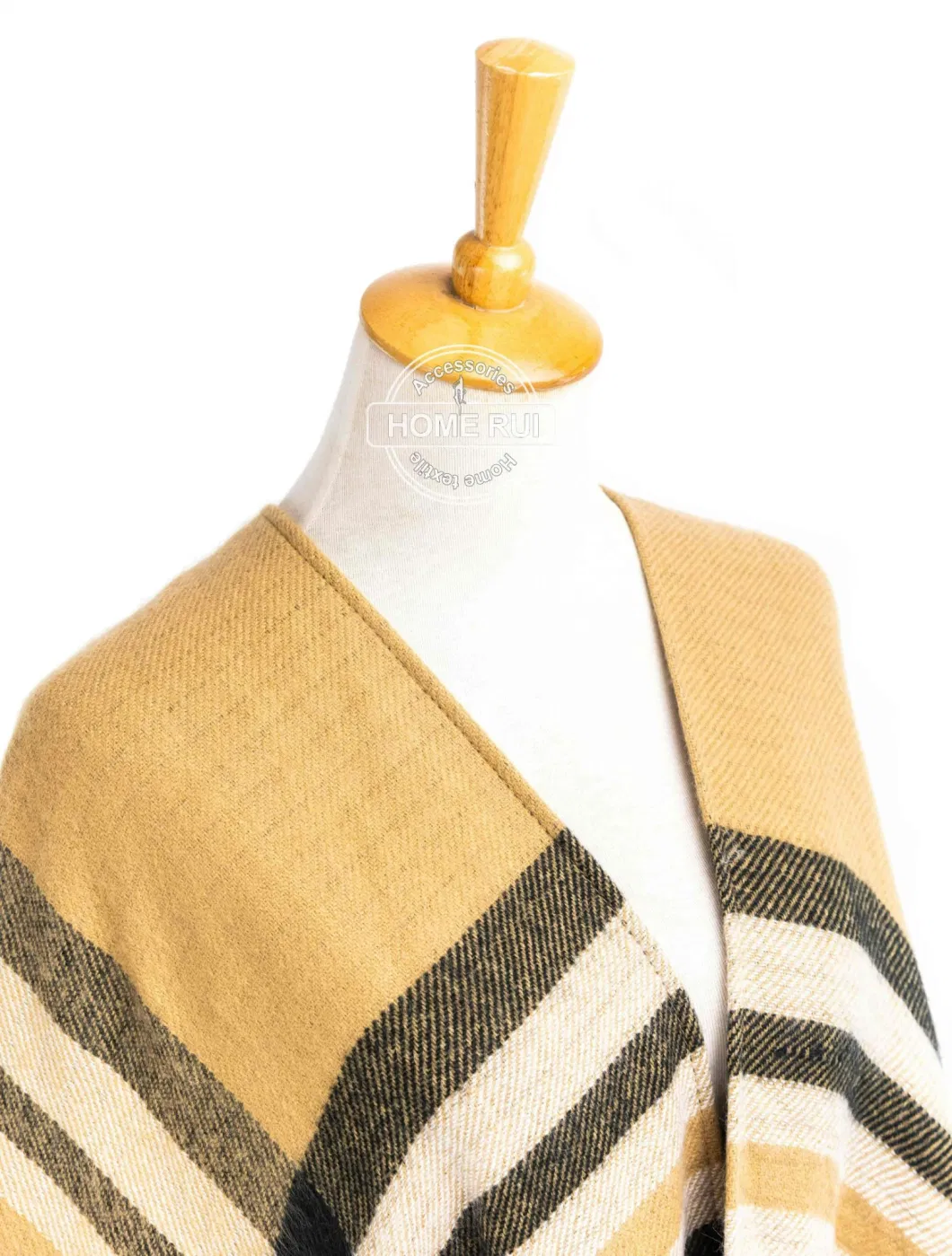 Spring Autumn Woman Lady Warm Fashion Acrylic Woven Camel Black Mixed Yarn Wraps Grids Plaid Checks Fringe Shawl Poncho Pallium