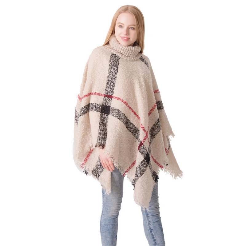 Popular Wholesale Winter Women Plaid Poncho with High Collar