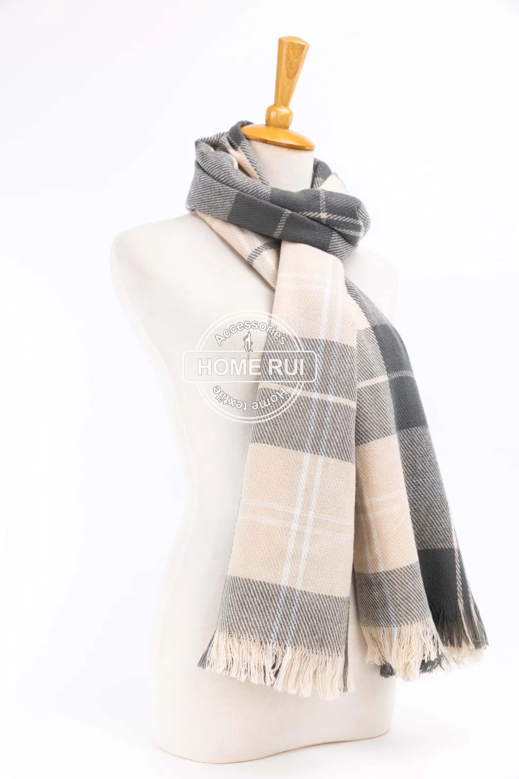 Wholesale Custom Outerwear Outfit Apparel Accessory Unisex Winter Acrylic Soft Fringe Checks Grid Tartan Cashmere Feel Shawl Pashmina Windowpane Blanket Scarf