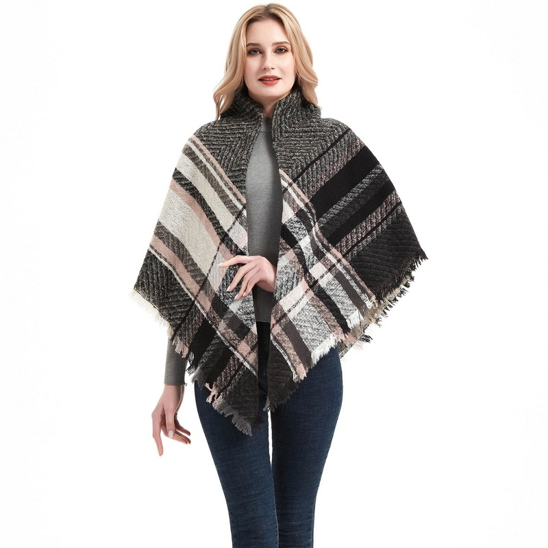 Soft Tartan Plaid Square Scarf with Fringe for Women
