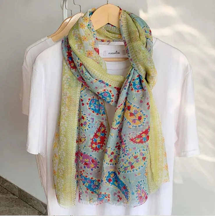 2022 Spring and Autumn Thin Section Small Fresh Fruit Green Yellow Cashew Flower Cotton Linen Scarf Female Sunscreen Shawl Shawl