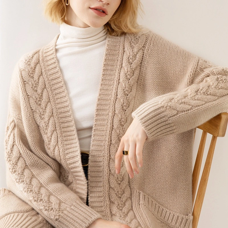 Autumn Winter Ladies 100% Fine Cashmere Cable Knitted Long Cardigan Coat