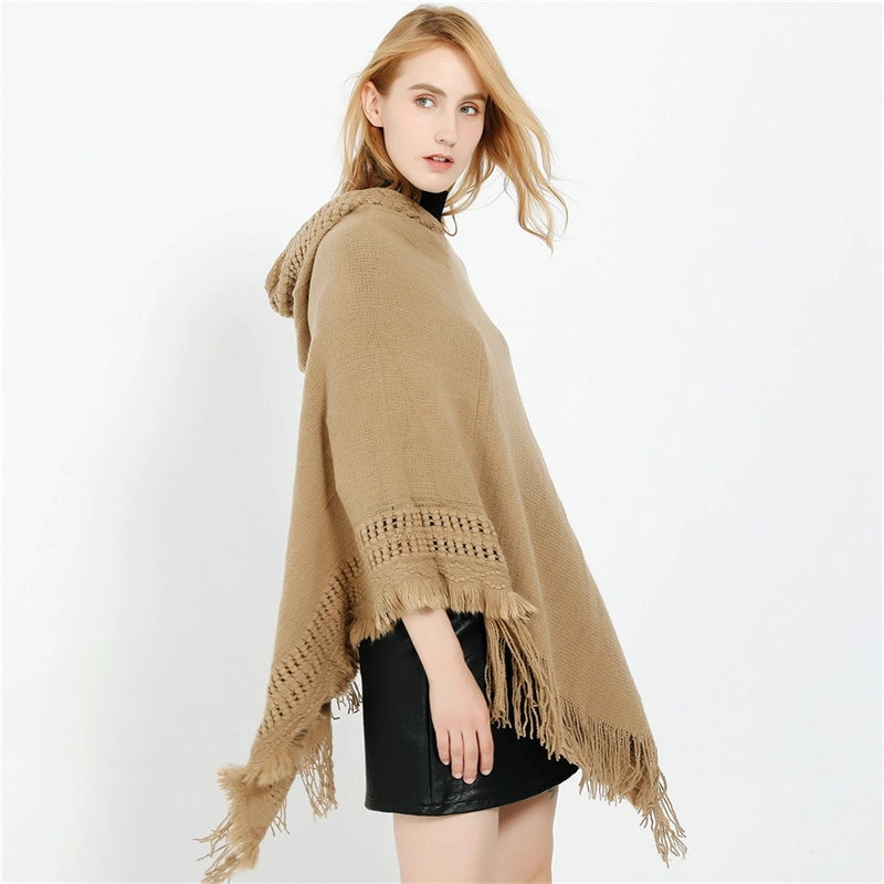 New Fashion Women Plaid Fringe Acrylic Hooded Cape Shawls Air Conditioning Cape Shawl Poncho Shawl for Women