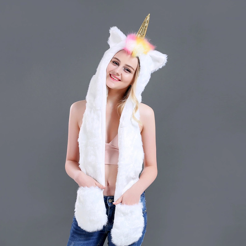 Furry Hoodie Flashing Control LED Light Unicorn Hat Scarf