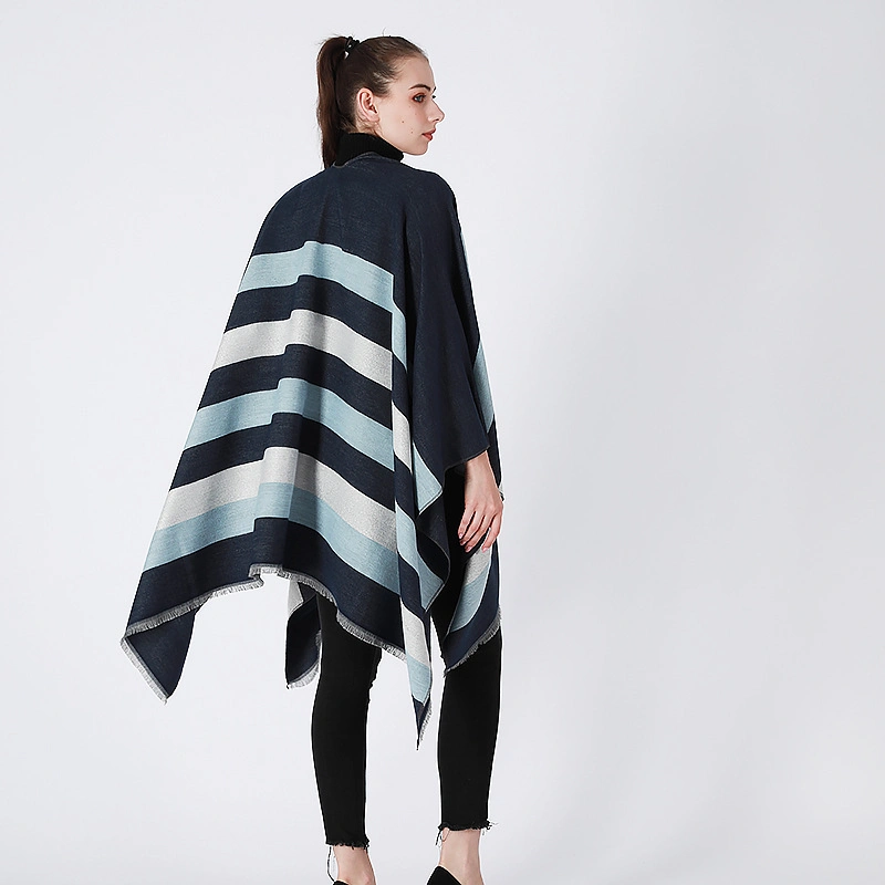 Classic Striped Wrap Poncho Soft Warm Scarf Cape Women Split Shawl