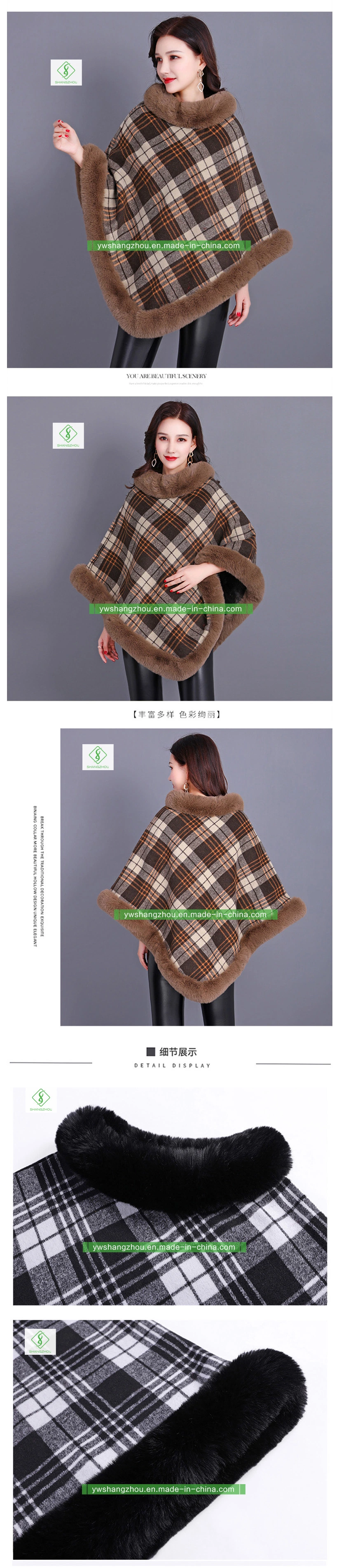 European Round Collar Plaid Women Sleeveless Cashmere Thickened Shawl Poncho