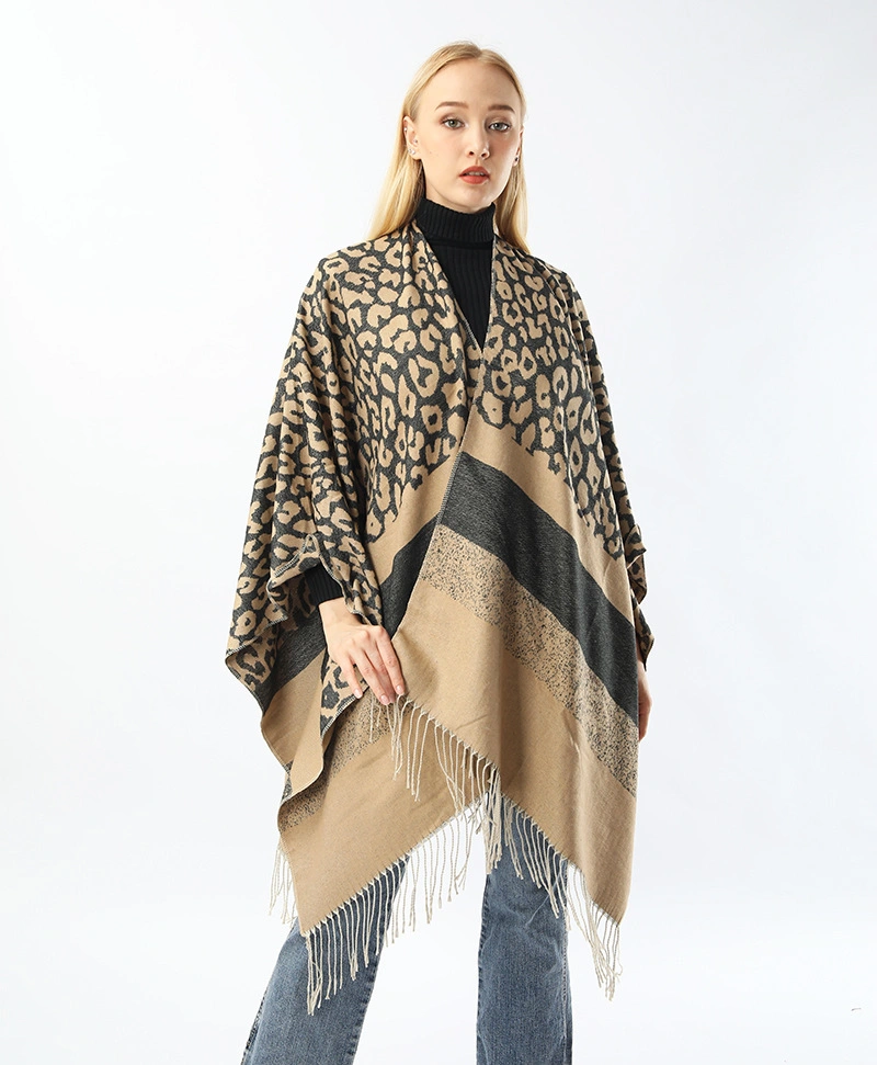 Winter Blanket Cape Women Poncho Striped Cape Shawls Knitted Leopard Shawl