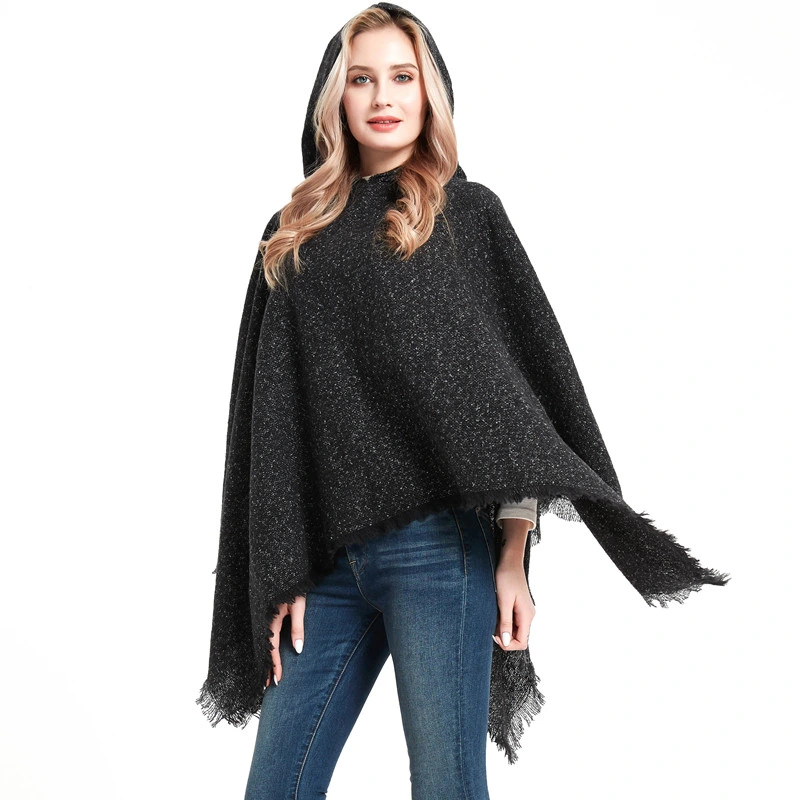 Winter Woman Hooded Shawl Wrap Poncho with Solid Color