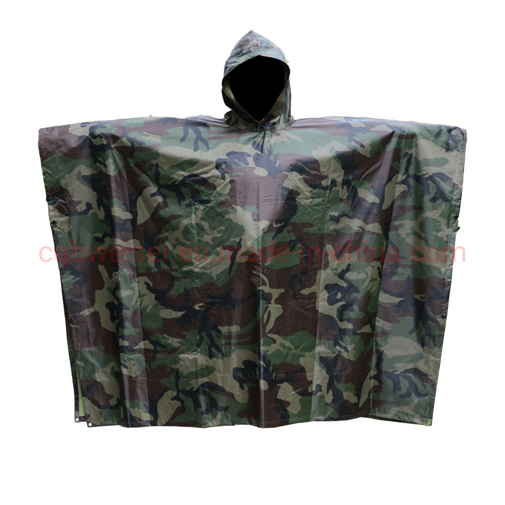 Customized Camouflage Waterproof Polyester Rain Poncho for Camping Hiking