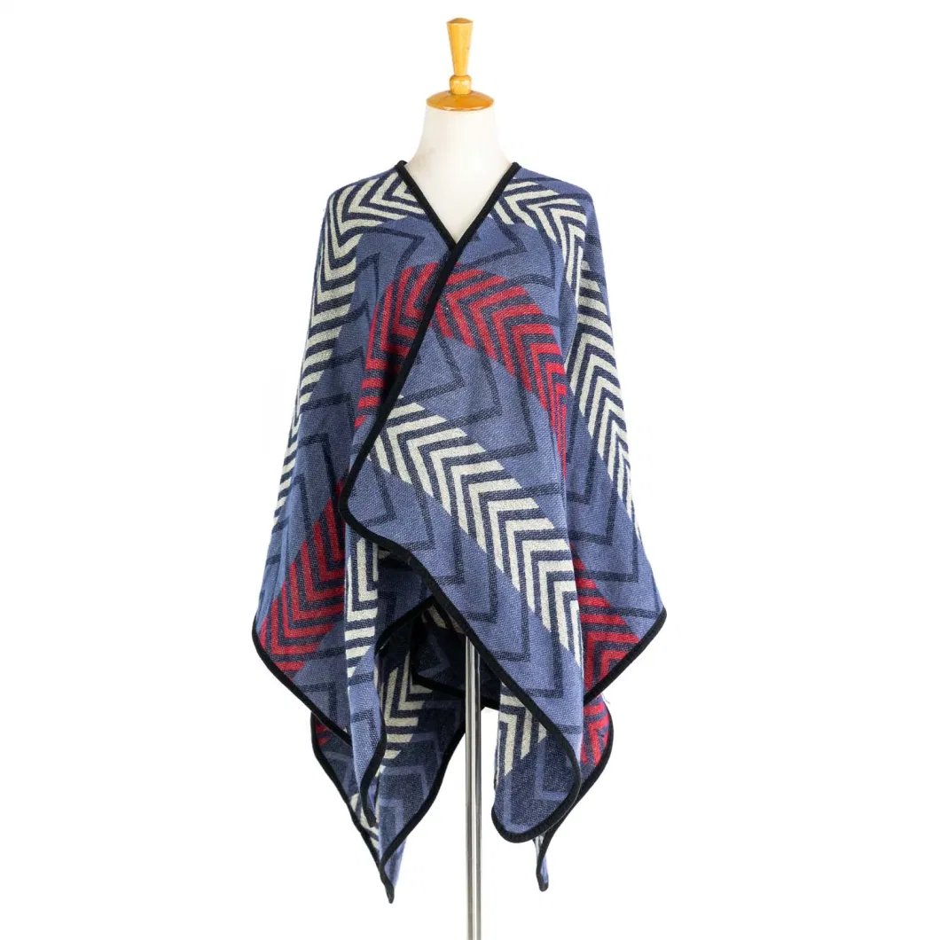 Apparel Women Poncho Navy Winter Knitted Reversible Oversized Elegant Geometric Striped Lined Sweater Bohemian Cardigan Tartan Blanket Zigzag Cape Poncho