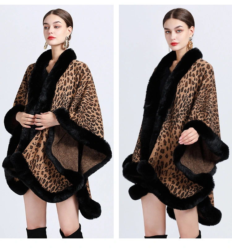 Winter Leopard Print Faux Rabbit Fur Collar Jacquard Women Poncho Shawl Cape