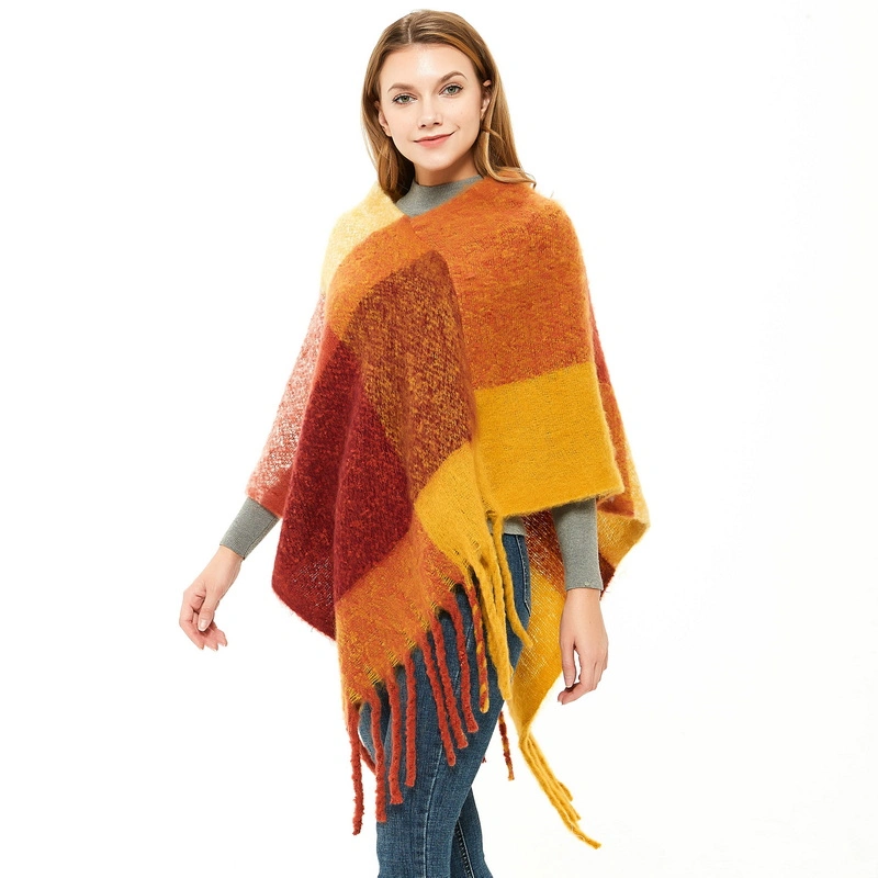 Wholesale Warm Ladies Plaid Knit Poncho Shawl Cape with Fringe