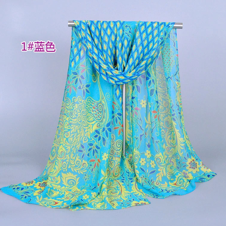 New Fashion Chiffon Plain Printing Popular Peacock Pattern Silk Women Scarf Polyester Cotton Soft Long Lady Scarf