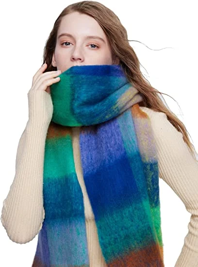 Women&prime; S Cashmere Big Coloured Checked Scarf Winter Warm Wrap Scarf