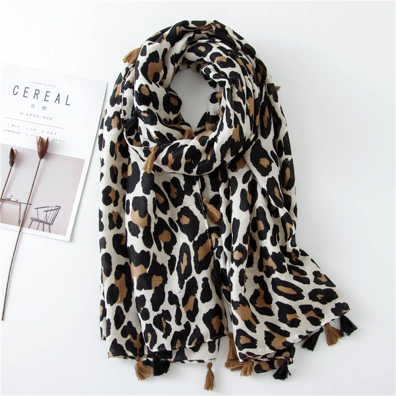 Female Autumn Winter Classic Leopard Print Animal Pattern Shawl Tassel Hijab Scarf