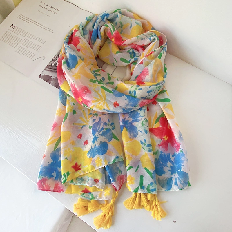 Scarf Women&prime; S Spring and Autumn Thin Section All-Match Multi-Function Hit Color Literary Cotton and Linen Silk Scarf Shawl Long Gauze Beach Towel