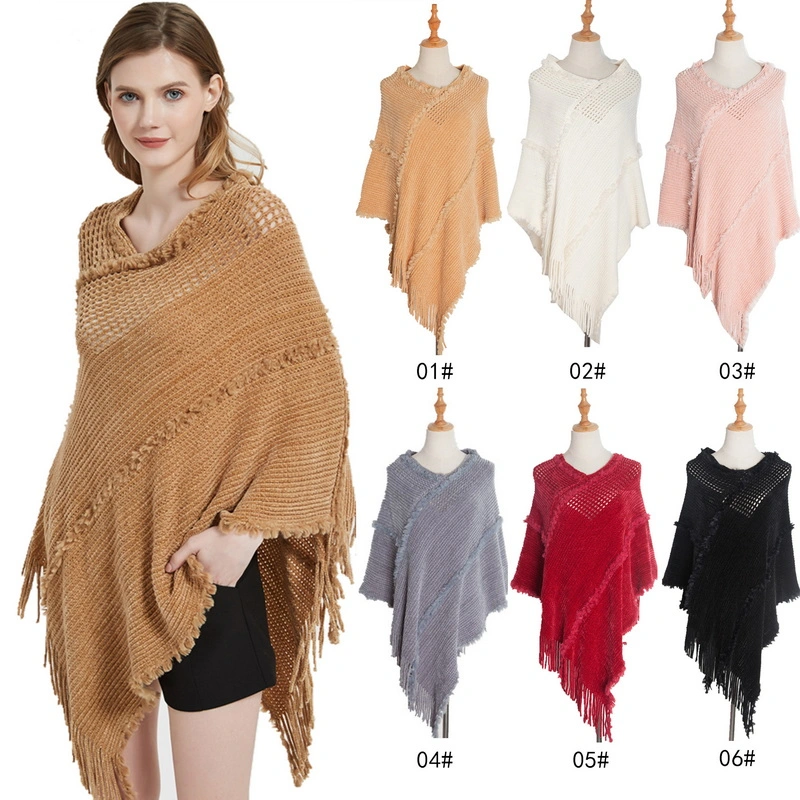 Stylish Winter Warm Chenille Pure Knitted Scarf Poncho Cape with Fringe