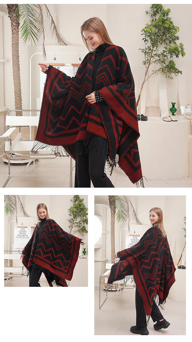 Latest Design Women Acrylic Knit Striped Pattern Cardigan Winter Cape Shawl Poncho