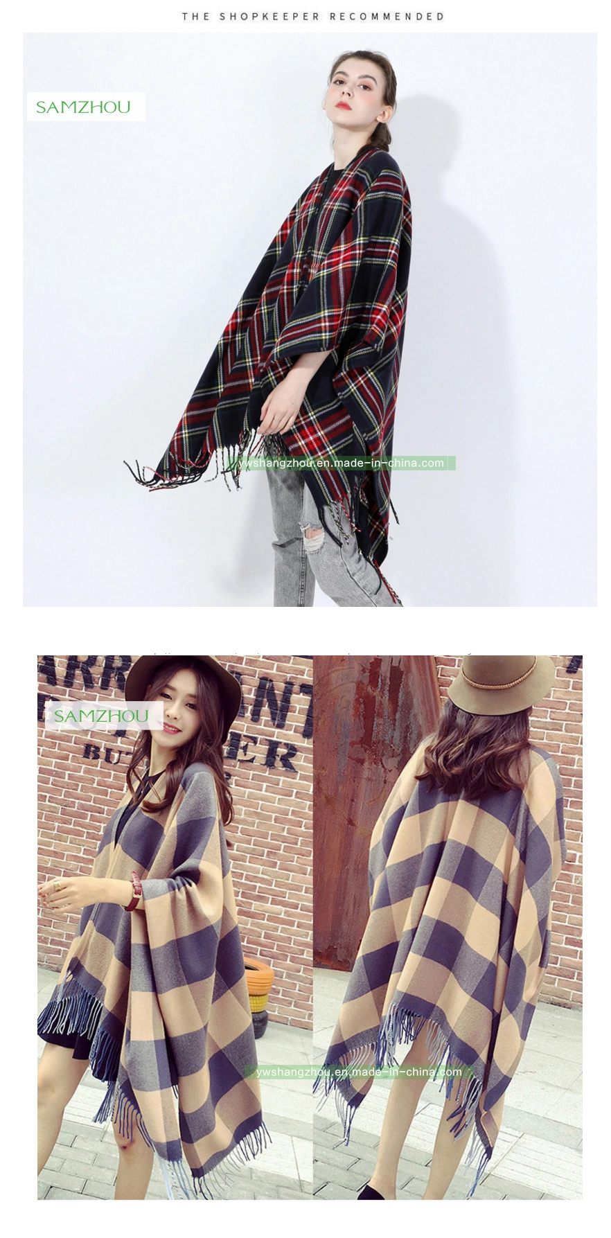 Western Slit Plaid Cape Fashion Scarf Lady Cashmere Shawl Winter