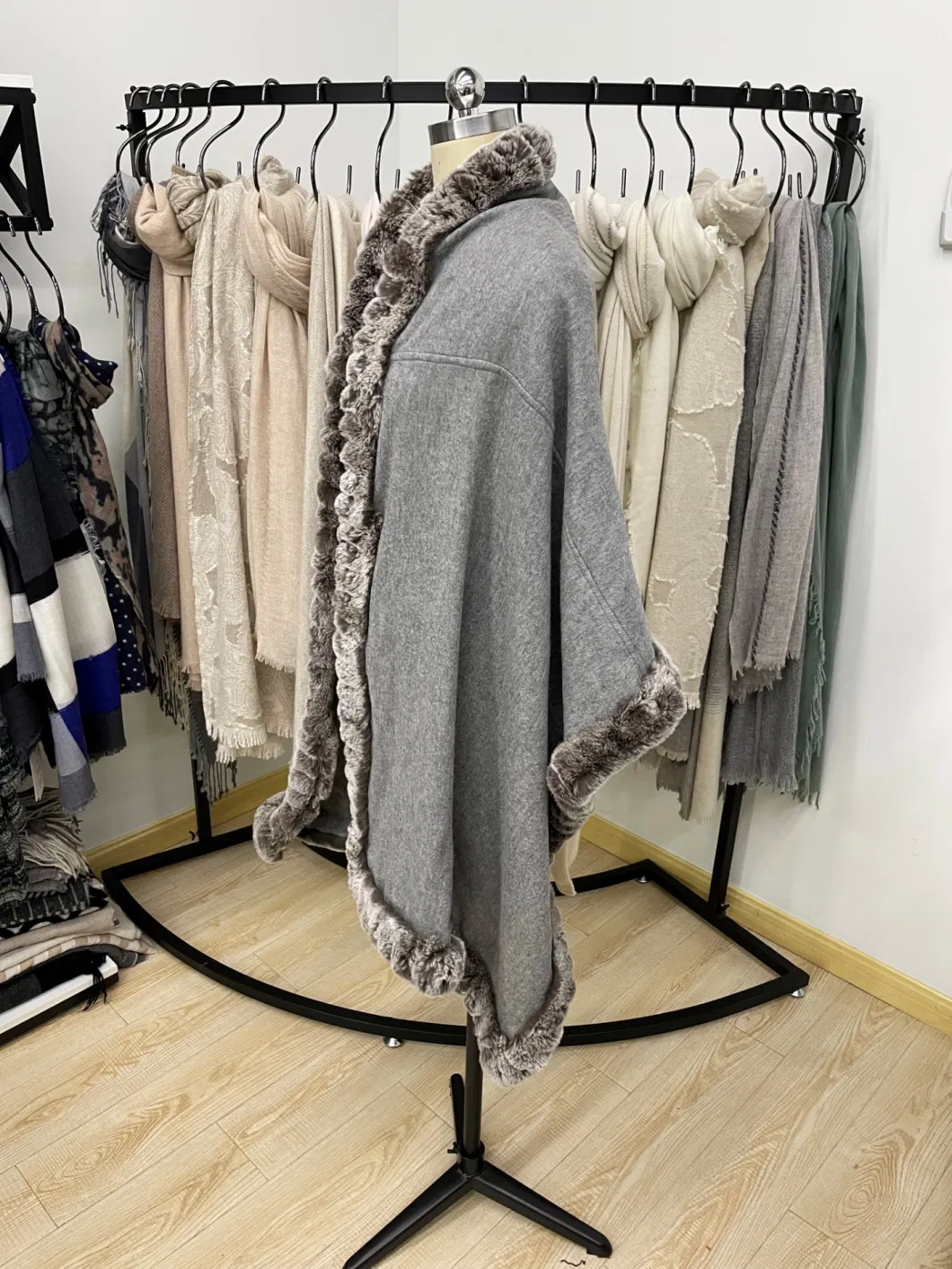 Luxe 100% Cashmere Blanket Cape with Fake Otter Rabbit Fur