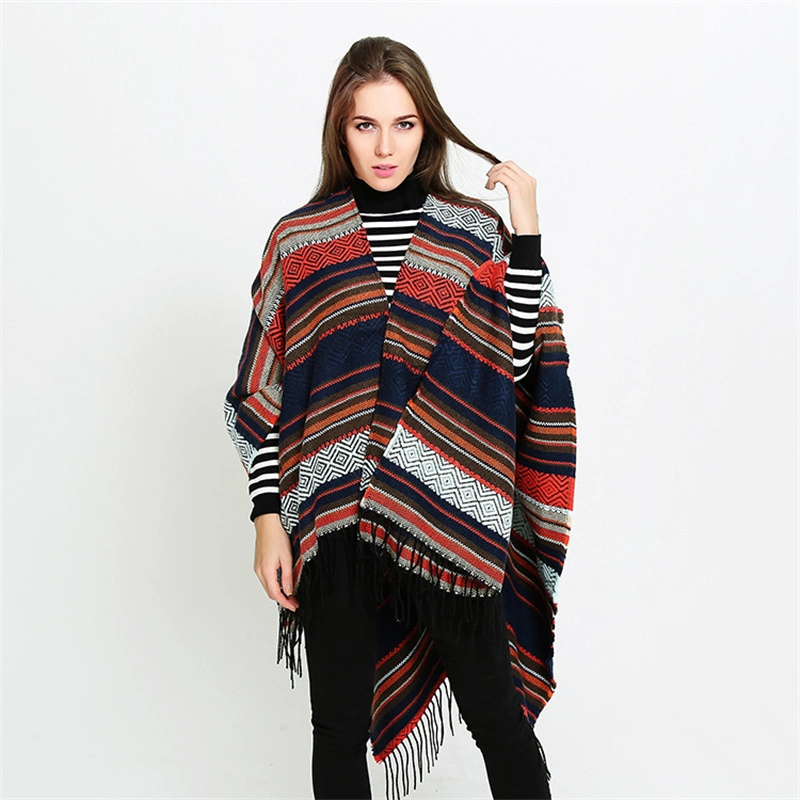 Women&prime; S Stripe Ponchos Cashmere Acrylic Thermal Female Capes Insulation Air Conditioning Shawls Sunshade Cloaks