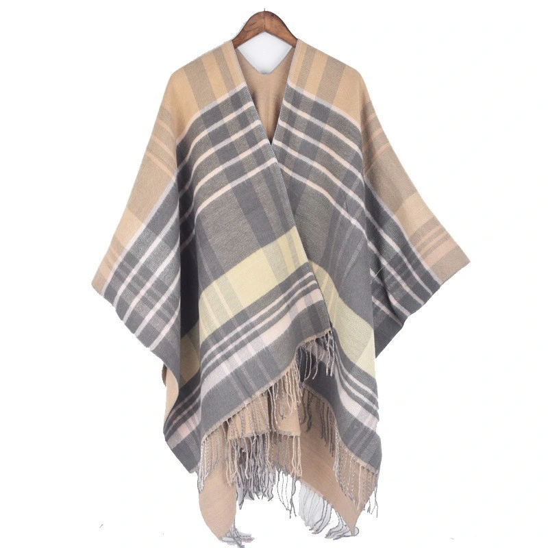 Classic Shawl Scarf Striped Plaid Winter Thick Blanket Cape Tassel Women Poncho