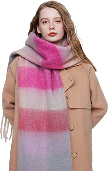 Big Women&prime; S Cashmere Coloured Checked Warm Wrap Pink Scarf