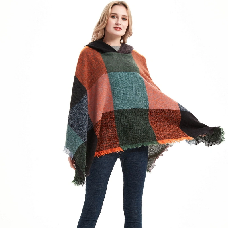 Warm Plaid Hooded Poncho Shawl Wrap for Ladies