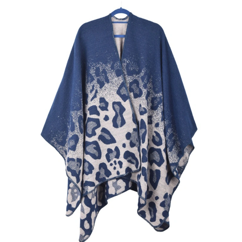 Stylish Polyester Poncho Winter Jacquard Scarf Shawl Leopard Pattern Women Cape