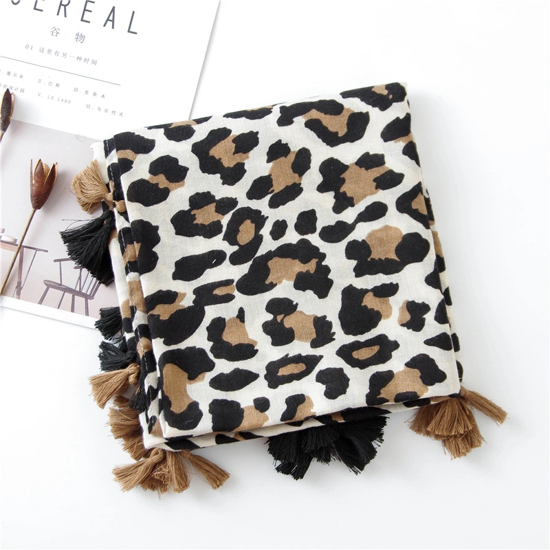 Female Autumn Winter Classic Leopard Print Animal Pattern Shawl Tassel Hijab Scarf