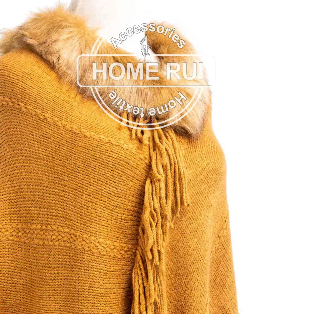 Home Rui Manufacturer Outerwear Spring Autumn Woman Warmth Wraps Acrylic Fake Fur Faux Collar Pullover Oversize Fringe Wraps Ruffled Shawl Turtleneck Cloak