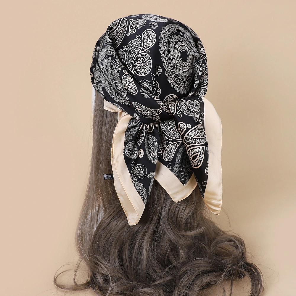Fashion Vintage Design Women Gift Silk Sqaure 70*70cm Soft Twill Flower Print Satin Polyester Decorative Hair Band Lady Scarf