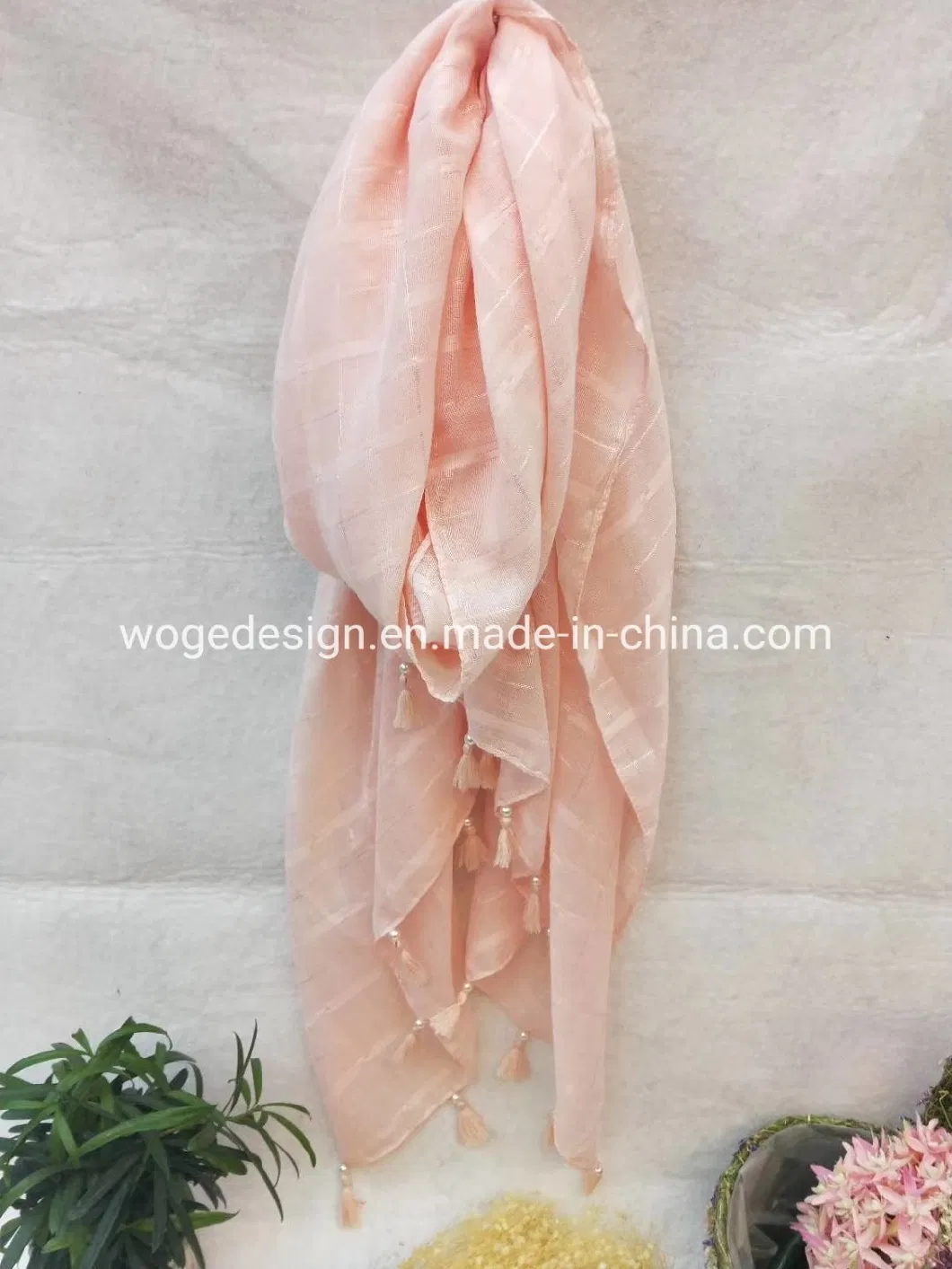 Distinctive Ladies Neckwear Coverchief Khimar Shawl Jacquard Checked Tassels Cotton Viscose Weave Pearl Scarf