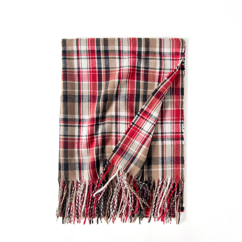 Women&prime;s Autumn and Winter Colorful Plaid Shawl Thickening Warm Fringe Warm Soft Large Blanket Scarf