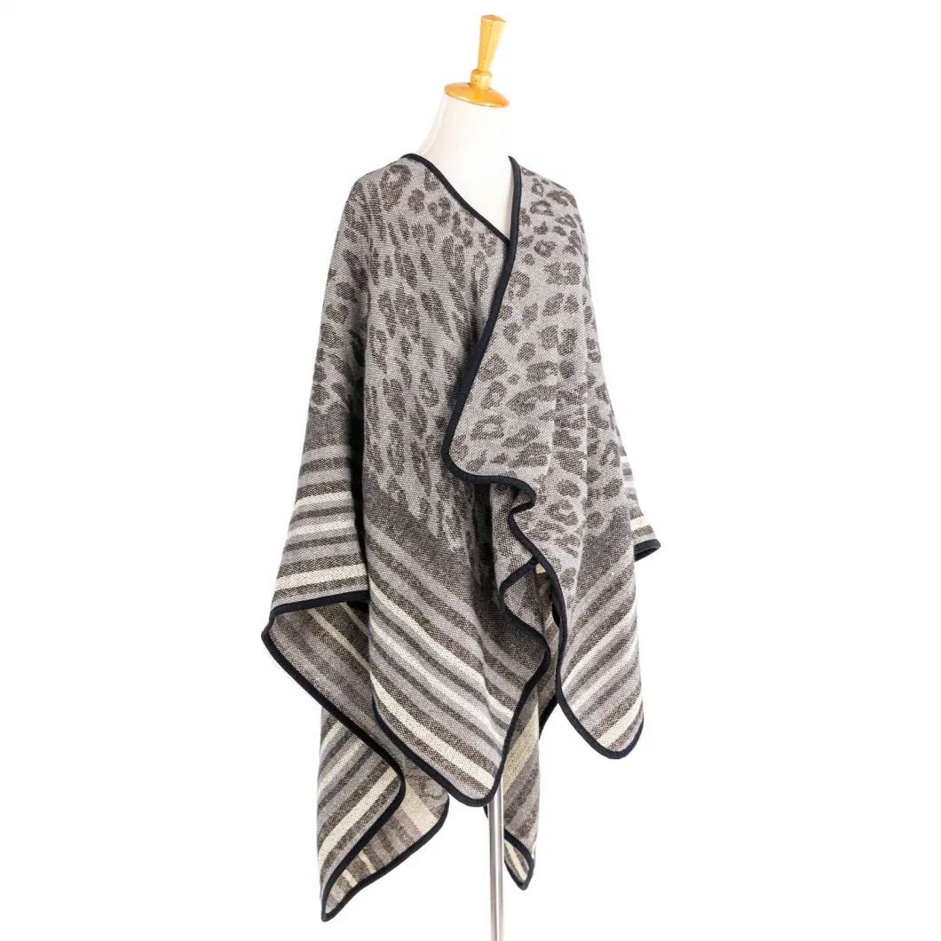 Apparel Women Grey Winter Knitted Reversible Front Open Oversized Elegant Leopard Cheetah Dots Striped Sweater Cardigan Lined Blanket Cape Pallium Poncho