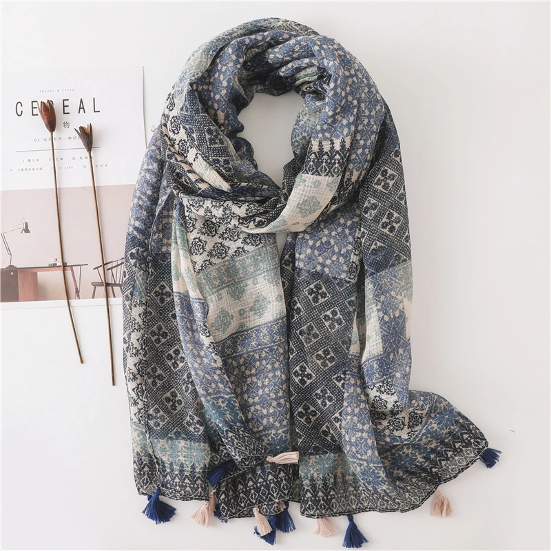 Wholesale Fashion Style Spring Autumn All-Match Custom Simple Elegant Plaid Literary Retro Cotton Linen Handmade Tassel Silk Lady Scarf