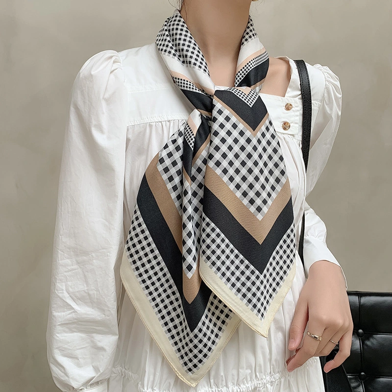 Women New Spring Fashion Large French Checked Daily Square Silk Scarf