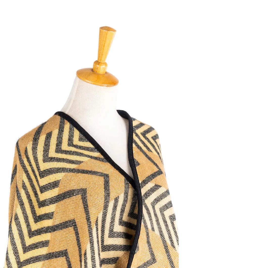 Apparel Women Camel Winter Jacquard Knitted Reversible Oversized Geometric Striped Lined Sweater Bohemian Cardigan Tartan Blanket Zigzag Cape Pallium Poncho