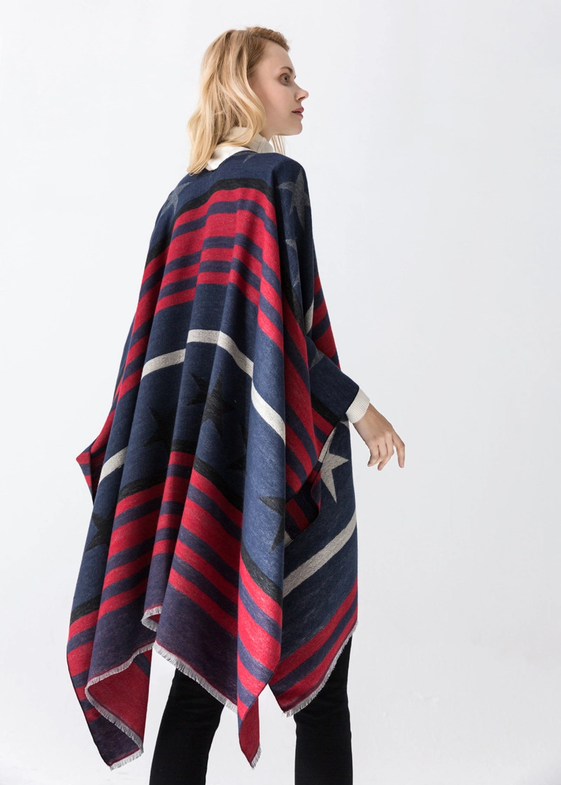 Red Star Striped Open Front Poncho Shawls Wrap Knitting Sweater Women Cape