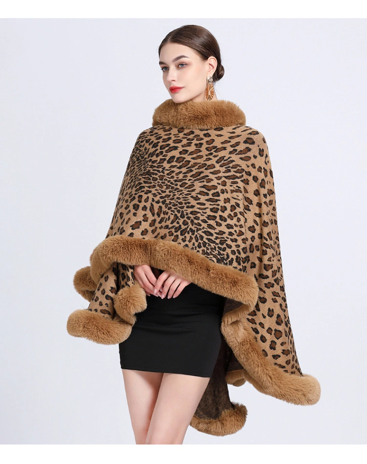 Winter Leopard Print Faux Rabbit Fur Collar Jacquard Women Poncho Shawl Cape