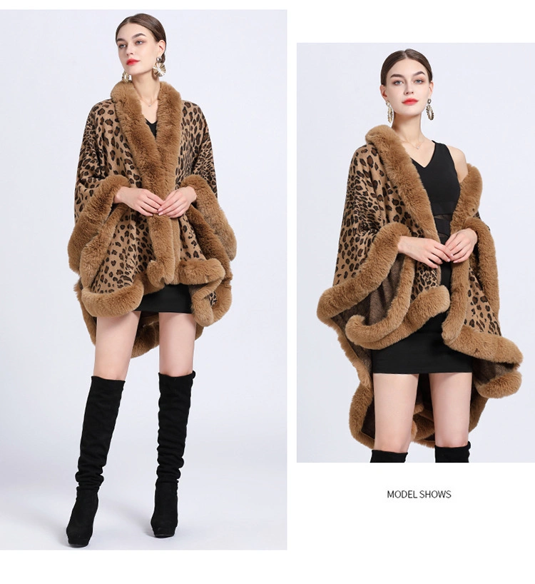 Winter Leopard Print Faux Rabbit Fur Collar Jacquard Women Poncho Shawl Cape