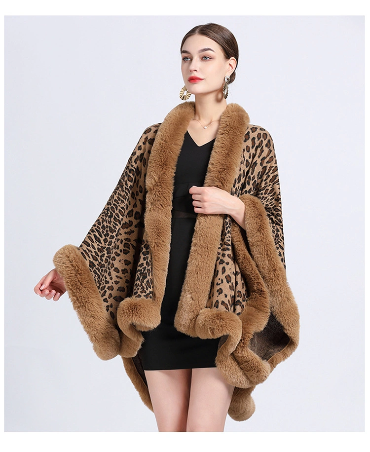 Winter Leopard Print Faux Rabbit Fur Collar Jacquard Women Poncho Shawl Cape